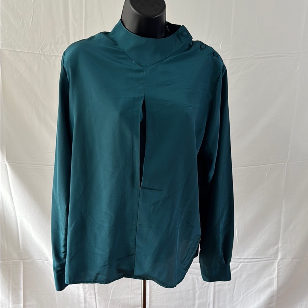 Blue Boxy Long Sleeve Blouse with Mandarin Collar